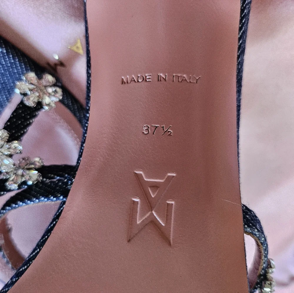 Amina Muaddi Lily Denim Slipper/Heel 70 mm, Flower crystals, Size 37.5
